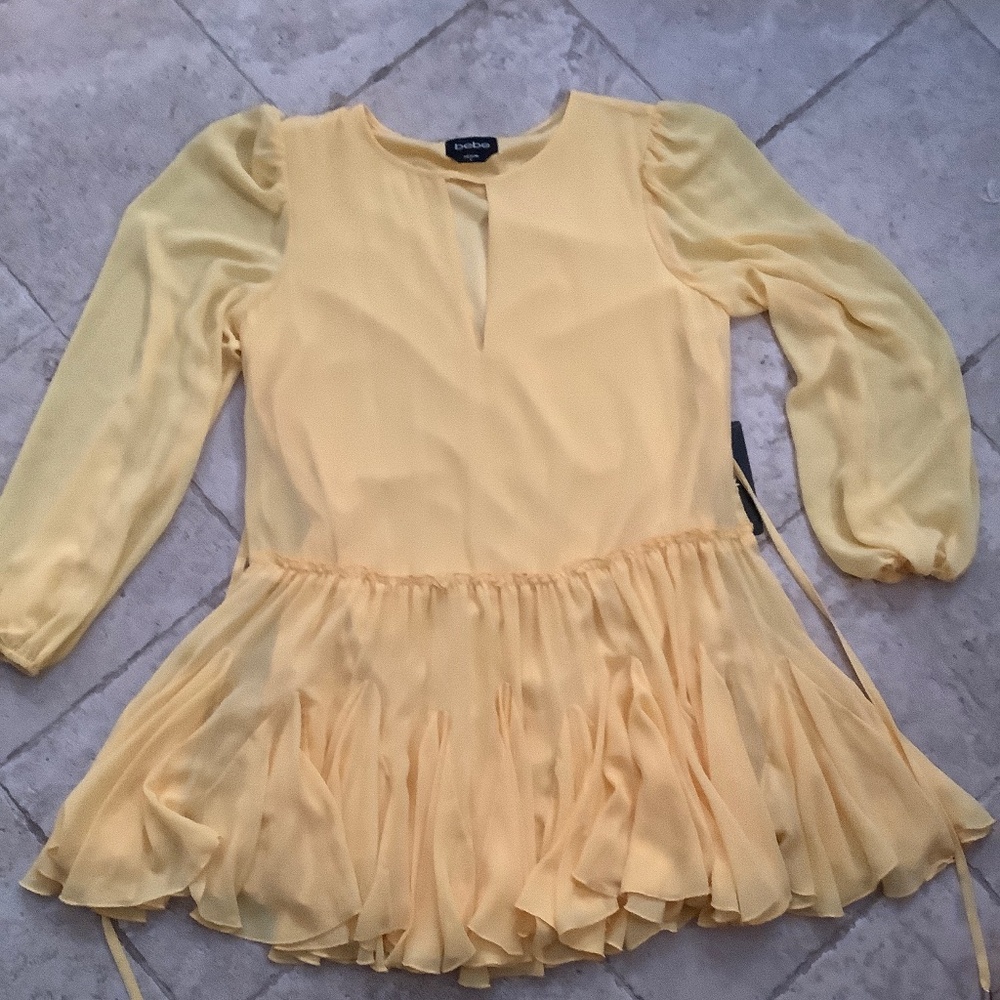 bebe Yellow Long Sleeve Ruffle Hem Dress